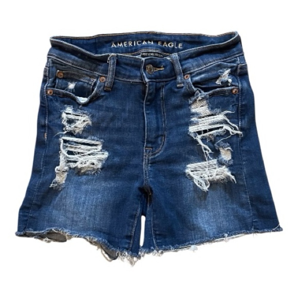 AE American Eagle Next Level Stretch High V-Rise Shortie Jean Shorts Distressed